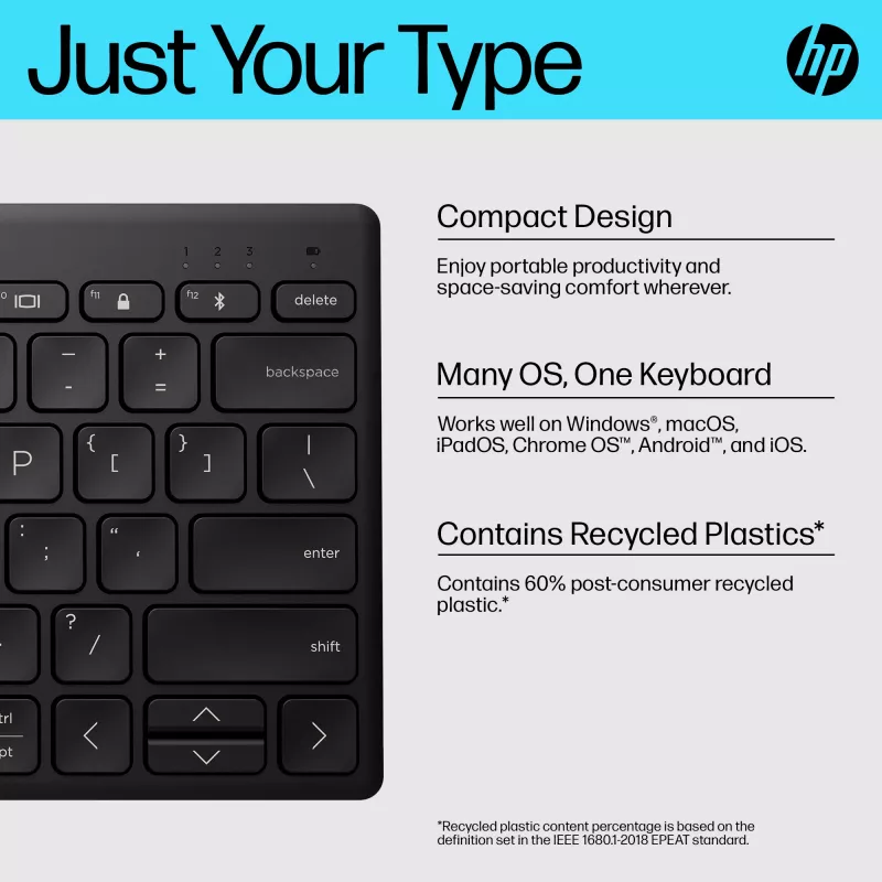 Teclado Bluetooth compacto HP 355 – teclas mecánicas inalámbricas, negro, 0,34 kg