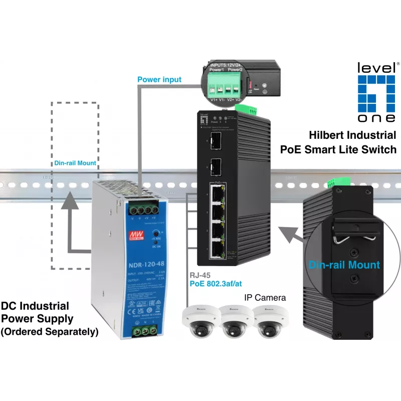 LevelOne Hilbert switch industrial Gigabit PoE Smart Lite de 6 puertos, 2 x SFP, 4 salidas PoE, 802.3at/af PoE
