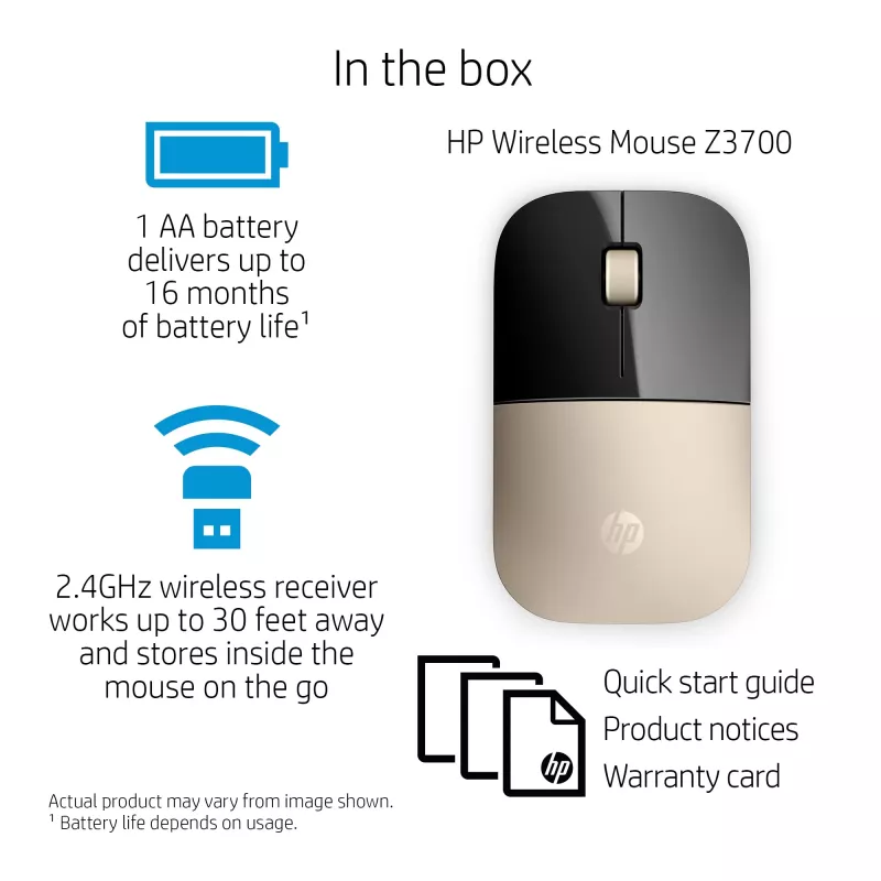 HP Z3700 Gold ratón inalámbrico, ambidiestro, óptico, RF Wireless, 1200 DPI, Oro