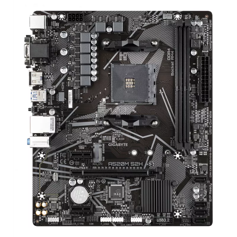 Placa base GIGABYTE A520M S2H - Compatible con CPUs AMD Ryzen 5000 Serie AM4, VRM Pure Digital 4+3 fases, hasta 5100MHz DDR4 (OC), PCIe 3.0 x4 M.2, GbE LAN, USB 3.2 Gen 1