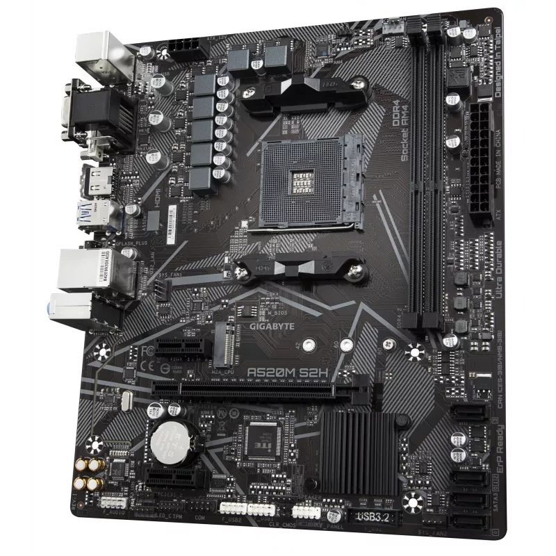 Placa base GIGABYTE A520M S2H - Compatible con CPUs AMD Ryzen 5000 Serie AM4, VRM Pure Digital 4+3 fases, hasta 5100MHz DDR4 (OC), PCIe 3.0 x4 M.2, GbE LAN, USB 3.2 Gen 1