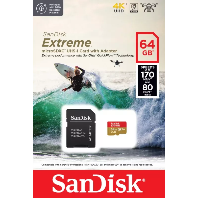 WESTERN DIGITAL Extreme microSDXC 64GB adaptador SD cámaras de acción y drones 170MB/s 80MB/s A2 C10 V30 UHS-I U3