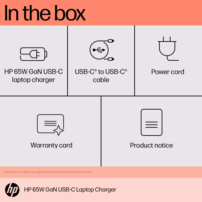 HP 600Q7AA cargador GaN USB-C de 65 W para portátil, 2 × USB-C, 20 V, negro
