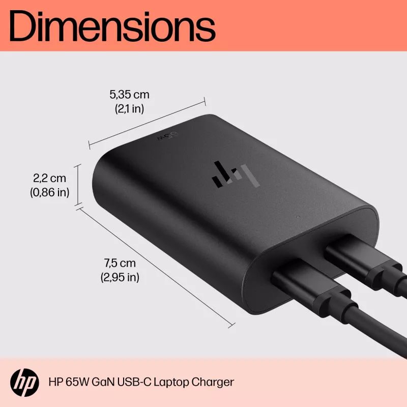 HP 600Q7AA cargador GaN USB-C de 65 W para portátil, 2 × USB-C, 20 V, negro