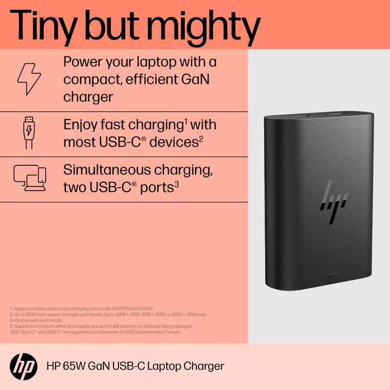 HP 600Q7AA cargador GaN USB-C de 65 W para portátil, 2 × USB-C, 20 V, negro