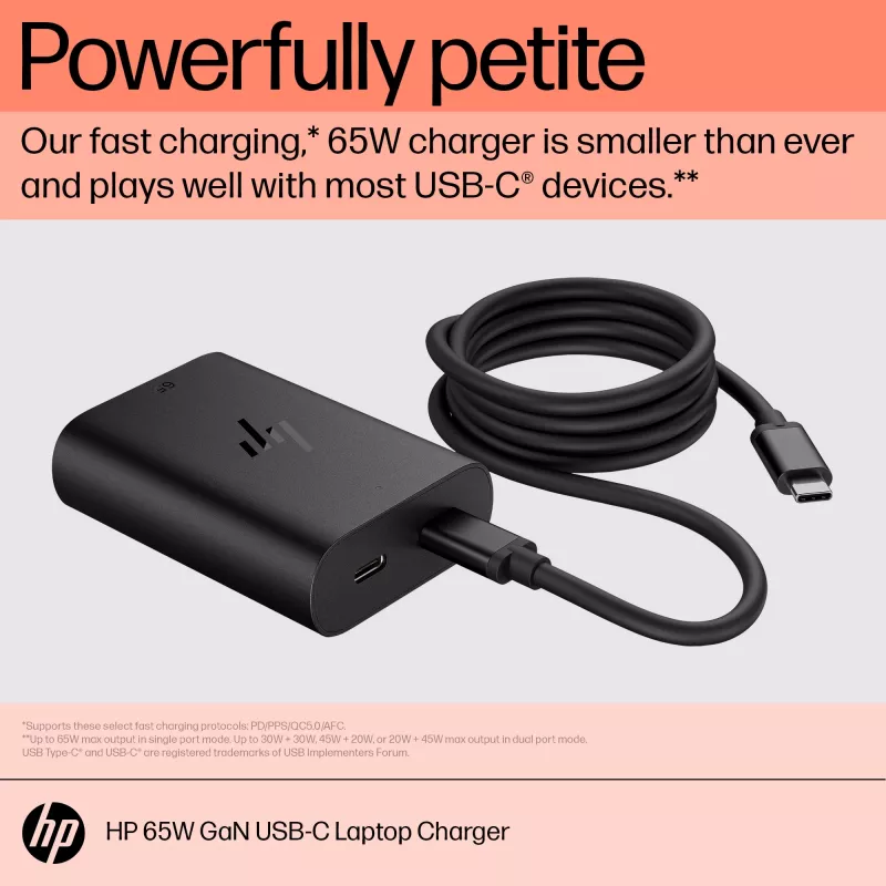 HP 600Q7AA cargador GaN USB-C de 65 W para portátil, 2 × USB-C, 20 V, negro