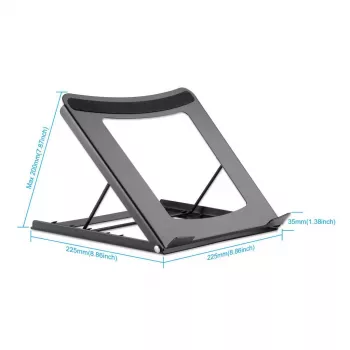 Soporte para portátil y tablet Manhattan, ajustable (5 posiciones), apto para todas las tablets y portátiles hasta 15,6 pulgadas, portátil y ligero, acero, negro, garantía de por vida