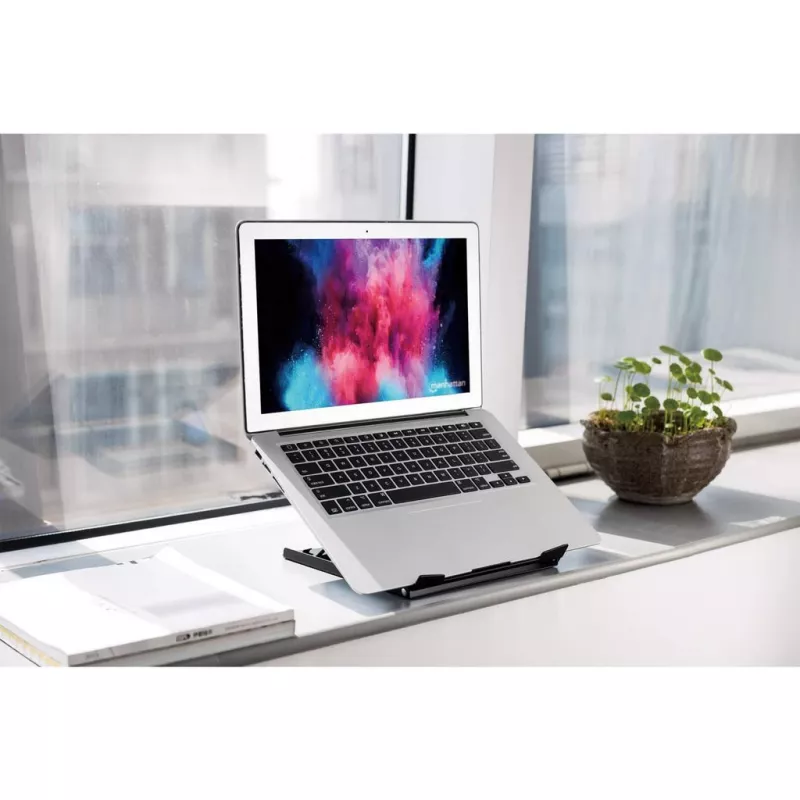 Soporte para portátil y tablet Manhattan, ajustable (5 posiciones), apto para todas las tablets y portátiles hasta 15,6 pulgadas, portátil y ligero, acero, negro, garantía de por vida