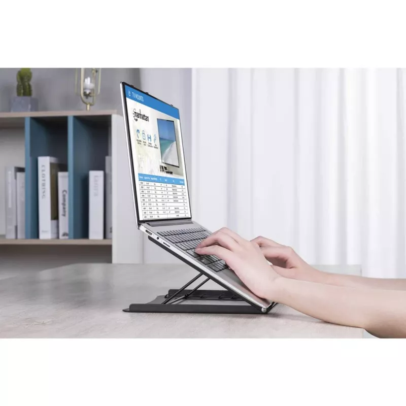 Soporte para portátil y tablet Manhattan, ajustable (5 posiciones), apto para todas las tablets y portátiles hasta 15,6 pulgadas, portátil y ligero, acero, negro, garantía de por vida
