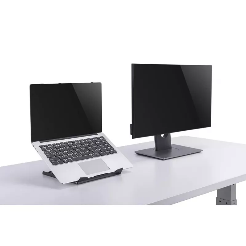 Soporte para portátil y tablet Manhattan, ajustable (5 posiciones), apto para todas las tablets y portátiles hasta 15,6 pulgadas, portátil y ligero, acero, negro, garantía de por vida