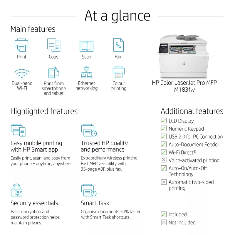 HP Color LaserJet Pro MFP M183fw, Láser, Impresión en color, 600 x 600 DPI, A4, Impresión directa, Blanco