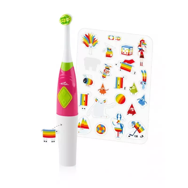ETA Sonetic ETA129490070 cepillo de dientes infantil a pilas con vaso y soporte, 2 cabezales, 2x AAA, temporizador de 2 minutos, rosa