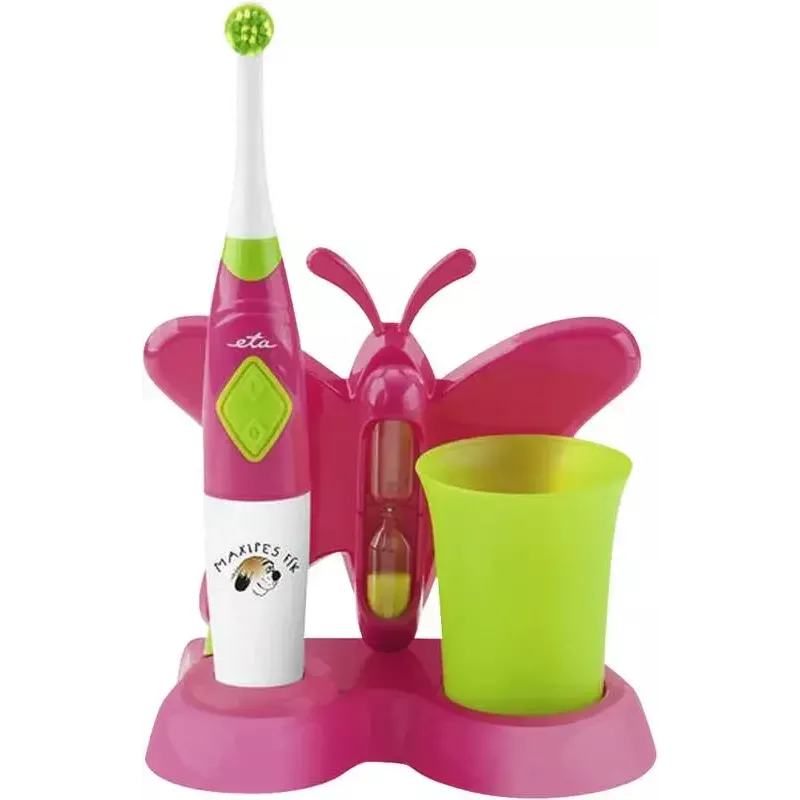 ETA Sonetic ETA129490070 cepillo de dientes infantil a pilas con vaso y soporte, 2 cabezales, 2x AAA, temporizador de 2 minutos, rosa