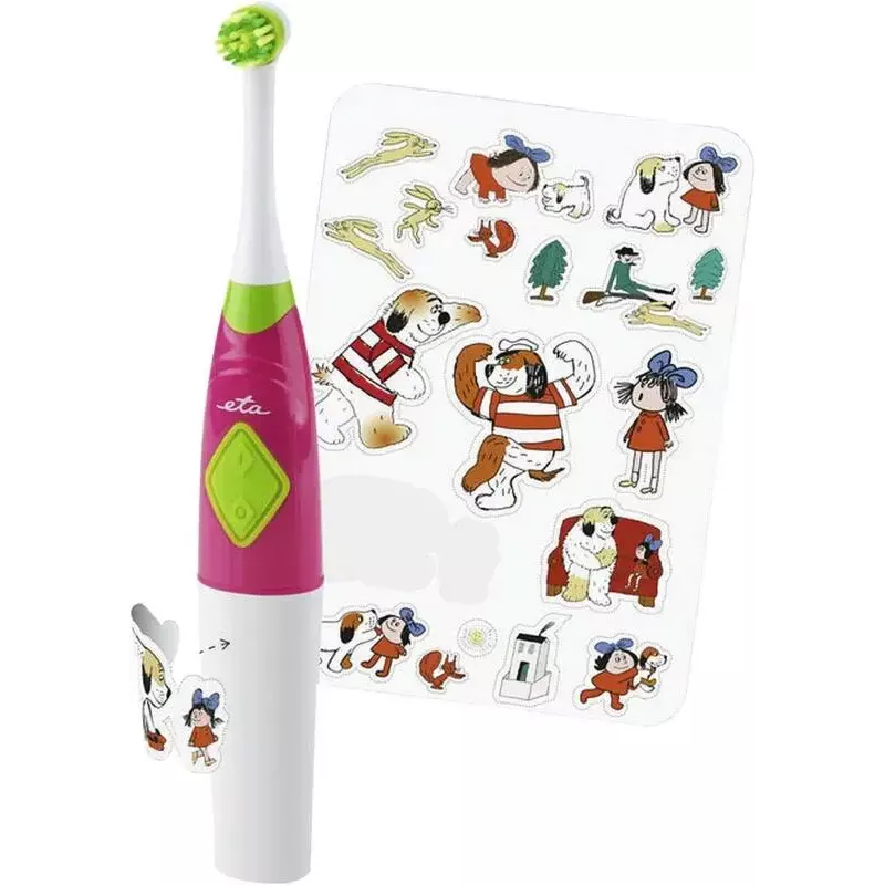 ETA Sonetic ETA129490070 cepillo de dientes infantil a pilas con vaso y soporte, 2 cabezales, 2x AAA, temporizador de 2 minutos, rosa