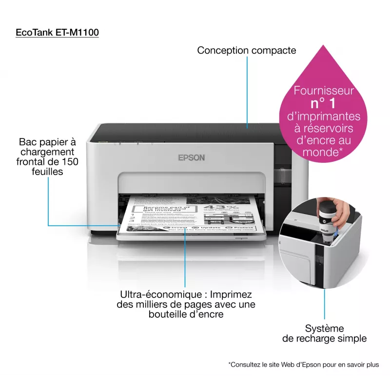 Impresora de inyección de tinta Epson EcoTank ET‑M1100 — monocromo, A4, 32 ppm, 1440×720 dpi, depósito de tinta integrado, USB 2.0, gris/negro