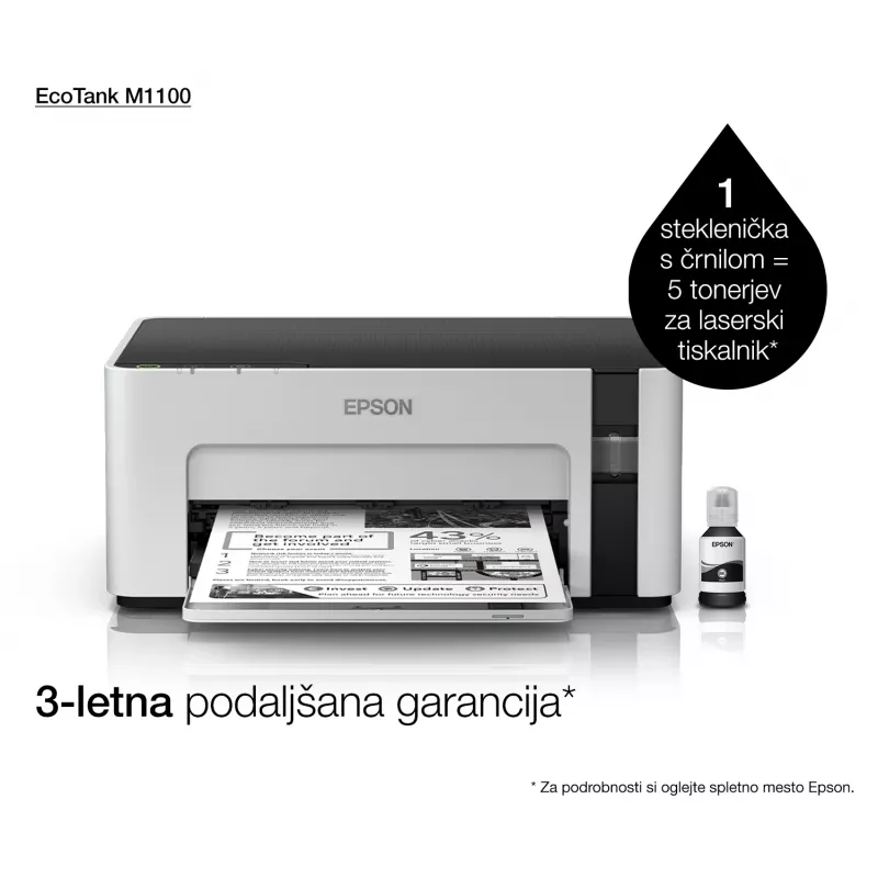 Impresora de inyección de tinta Epson EcoTank ET‑M1100 — monocromo, A4, 32 ppm, 1440×720 dpi, depósito de tinta integrado, USB 2.0, gris/negro