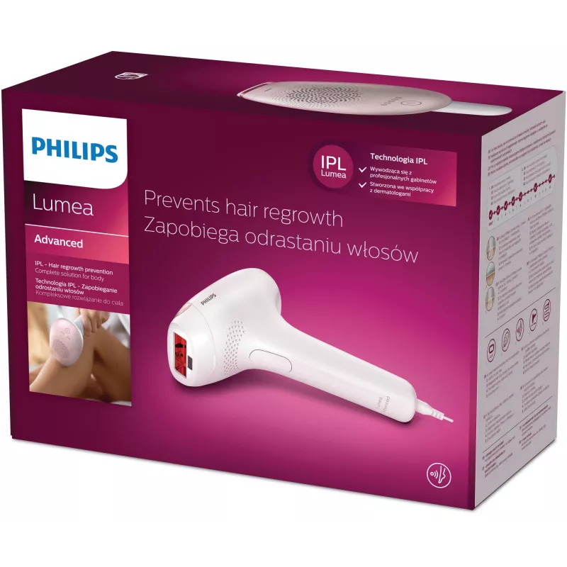Aparato de depilación IPL Philips SC1994/00 Lumea Advanced — con cable, accesorio para el cuerpo, lámpara de 4 cm², blanco/rosa