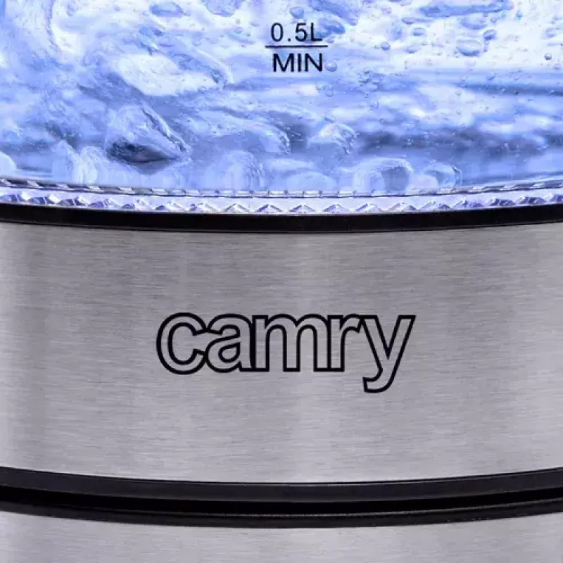 Hervidor de agua eléctrico Camry CR 1290 — carcasa de cristal, capacidad 1,7 l, 2000 W, temperatura ajustable, indicador de nivel de agua
