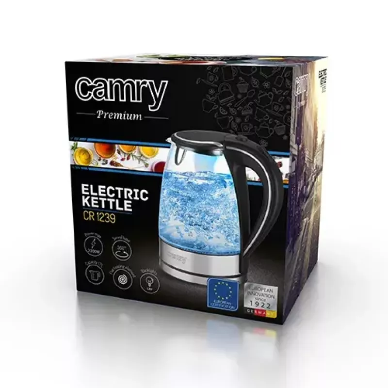Hervidor de agua eléctrico Camry CR 1290 — carcasa de cristal, capacidad 1,7 l, 2000 W, temperatura ajustable, indicador de nivel de agua