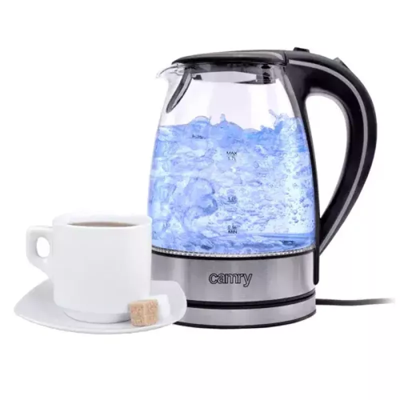 Hervidor de agua eléctrico Camry CR 1290 — carcasa de cristal, capacidad 1,7 l, 2000 W, temperatura ajustable, indicador de nivel de agua