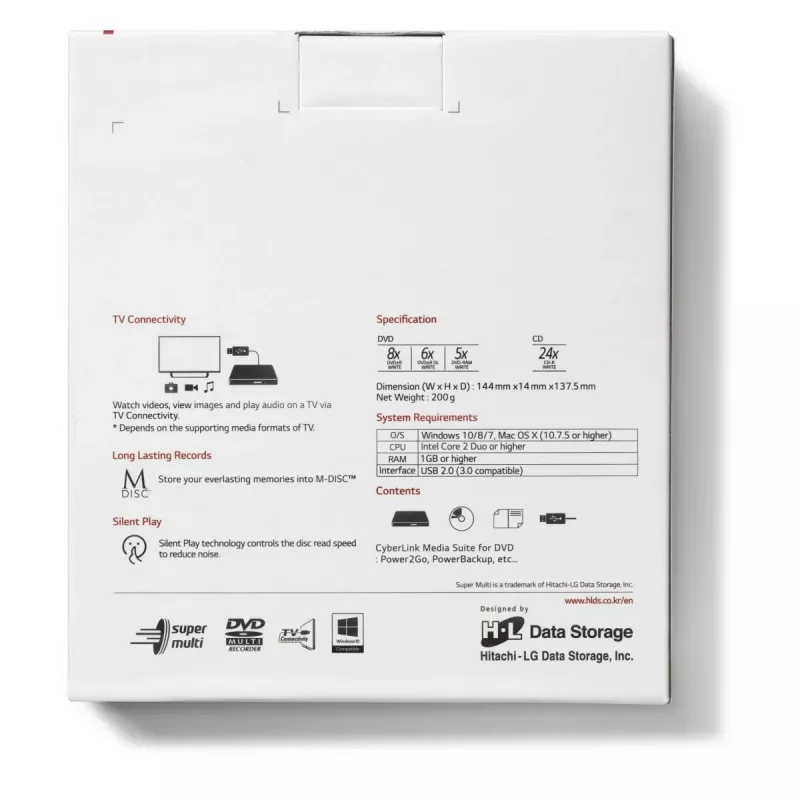 HITACHI-LG DATA STORAGE Unidad de DVD portátil ultrafina - Gp60nw60 - USB 2.0 - Blanco