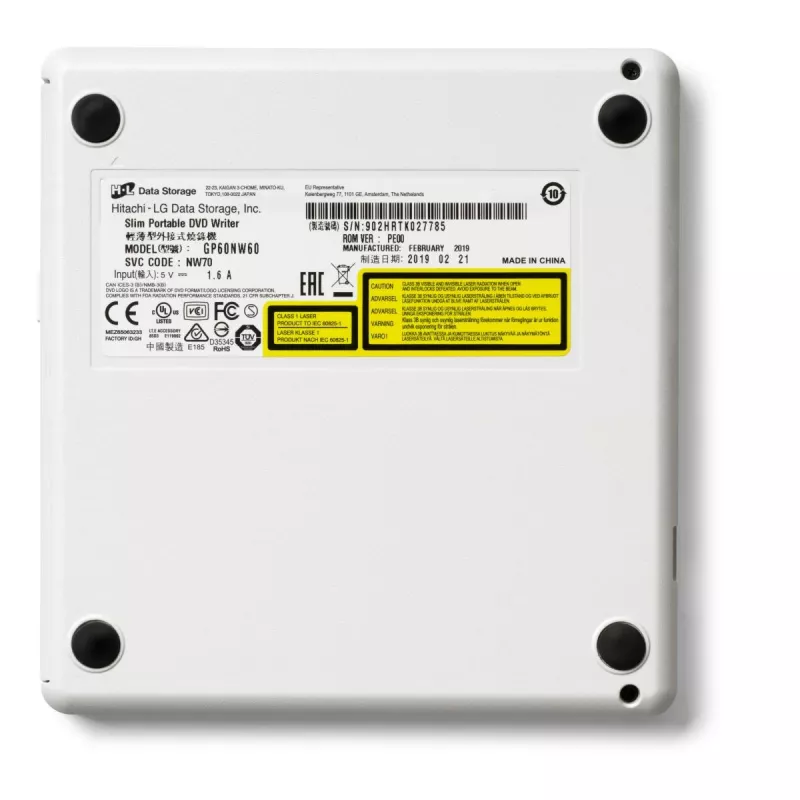 HITACHI-LG DATA STORAGE Unidad de DVD portátil ultrafina - Gp60nw60 - USB 2.0 - Blanco
