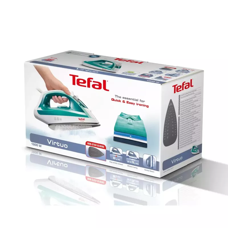 Plancha de vapor Tefal Virtuo FV1710 — 1800 W, golpe de vapor de 80 g/min, función de vapor vertical, verde/blanco