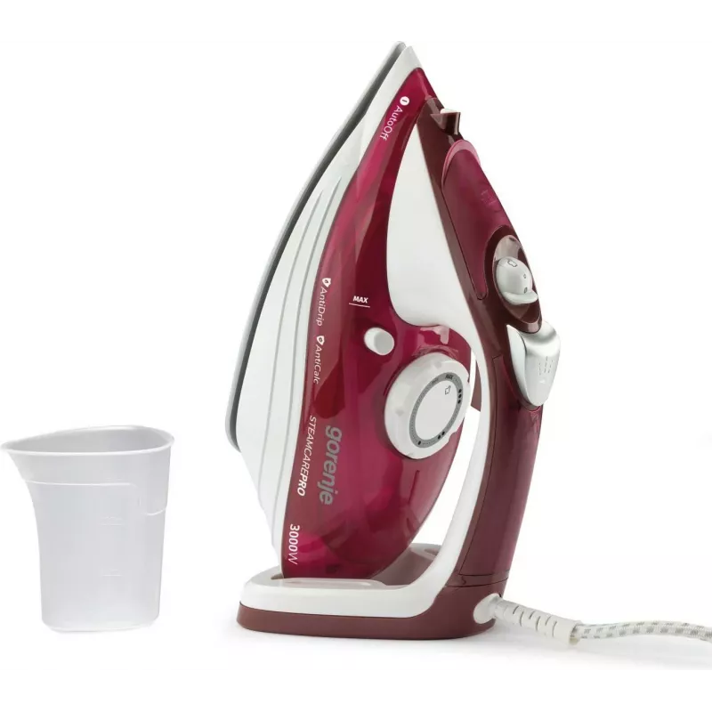 Gorenje SIH3000RBC plancha de vapor, 3000 W, suela cerámica, depósito de agua de 350 ml, vapor 40 g/min, 1,6 kg, rojo/blanco