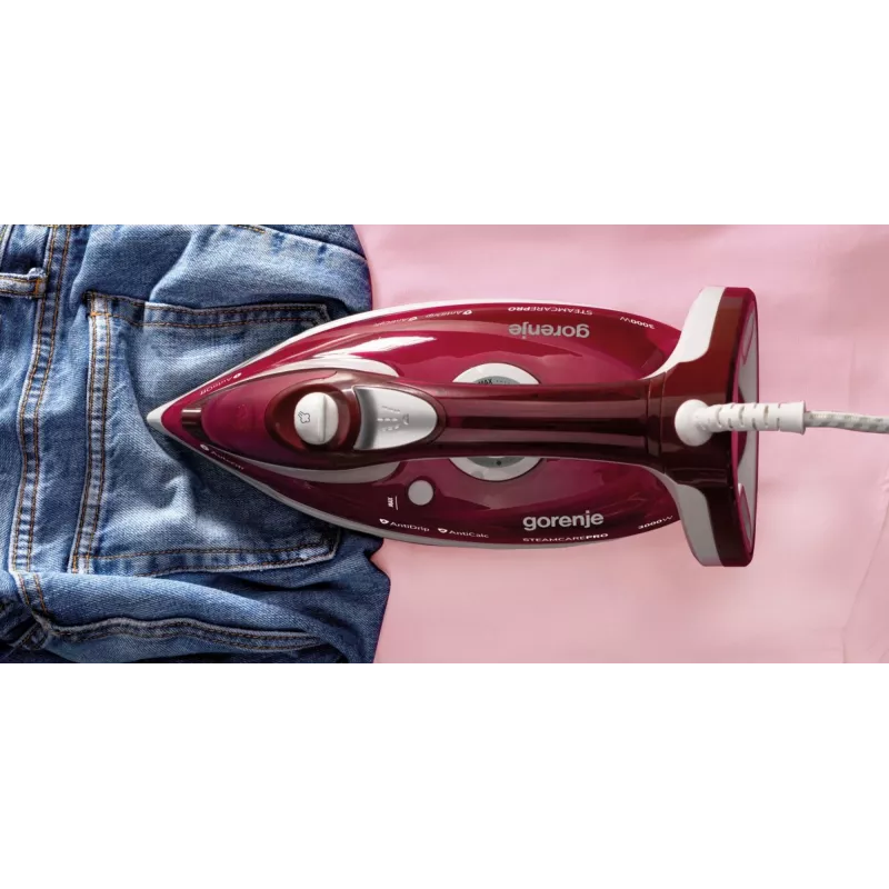 Gorenje SIH3000RBC plancha de vapor, 3000 W, suela cerámica, depósito de agua de 350 ml, vapor 40 g/min, 1,6 kg, rojo/blanco