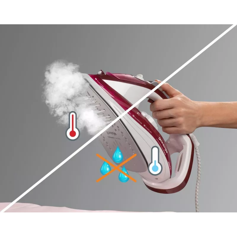 Gorenje SIH3000RBC plancha de vapor, 3000 W, suela cerámica, depósito de agua de 350 ml, vapor 40 g/min, 1,6 kg, rojo/blanco