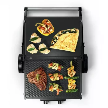 Parrilla de contacto Bosch TCG4104 — 2000 W, rectangular, termostato regulable, superficie de parrilla 328×238 mm, rojo