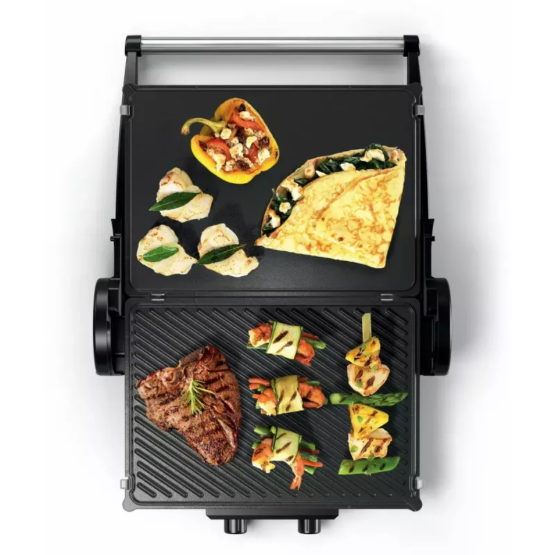 Parrilla de contacto Bosch TCG4104 — 2000 W, rectangular, termostato regulable, superficie de parrilla 328×238 mm, rojo
