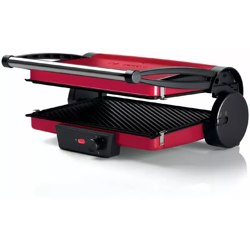 Parrilla de contacto Bosch TCG4104 — 2000 W, rectangular, termostato regulable, superficie de parrilla 328×238 mm, rojo