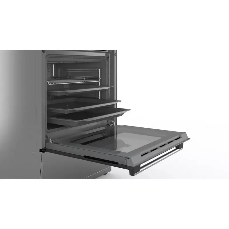 Cocina independiente Bosch Serie 4 HKR39A250U, placa vitrocerámica 4 zonas, horno 66 L, acero inoxidable, 600 mm