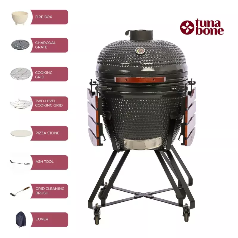 Parrilla kamado TUNABONE TunaBone Classic 23 pulgadas (talla L) parrilla de carbón cerámica, 23 pulgadas de diámetro de parrilla, gris oscuro