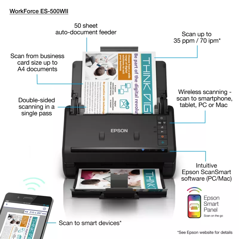 Escáner de documentos Epson WorkForce ES-500WII 600 x 600 dpi A4 negro