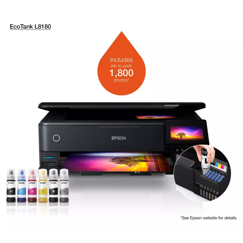 Impresora multifunción de inyección de tinta Epson EcoTank L8180 — A3+, color, 5760x1440 DPI, 32 ppm, dúplex, Wi‑Fi, Ethernet