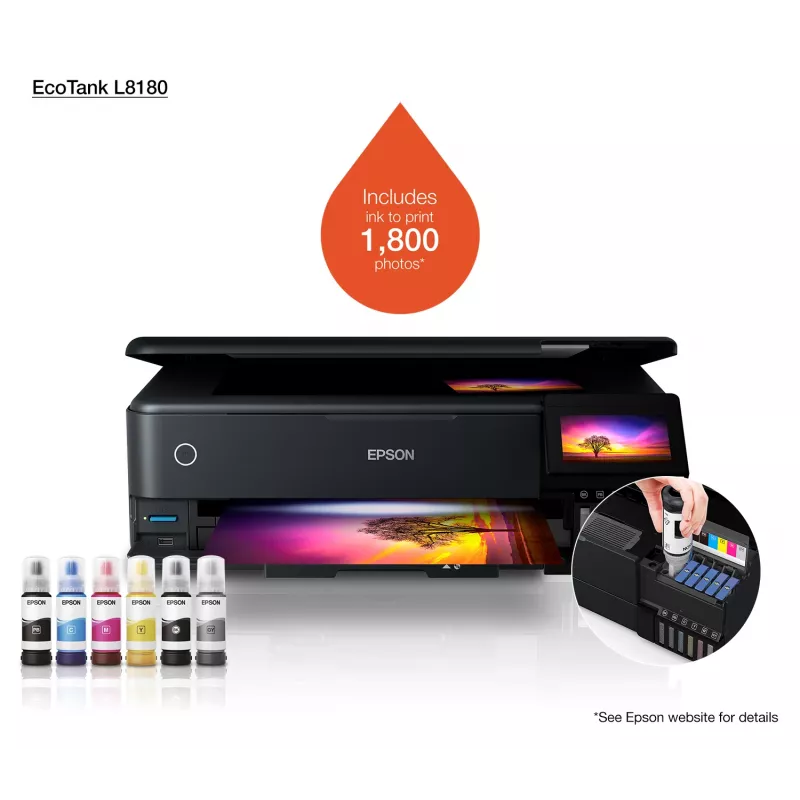 Impresora multifunción de inyección de tinta Epson EcoTank L8180 — A3+, color, 5760x1440 DPI, 32 ppm, dúplex, Wi‑Fi, Ethernet