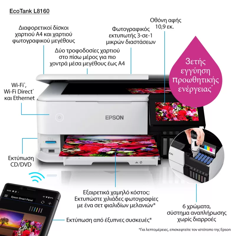 Impresora multifunción de inyección de tinta Epson EcoTank L8160 — impresión en color, 5760x1440 DPI, 32 ppm, A4, Wi‑Fi, dúplex
