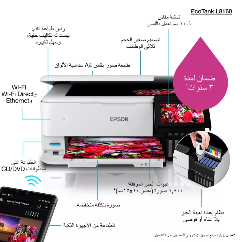 Impresora multifunción de inyección de tinta Epson EcoTank L8160 — impresión en color, 5760x1440 DPI, 32 ppm, A4, Wi‑Fi, dúplex
