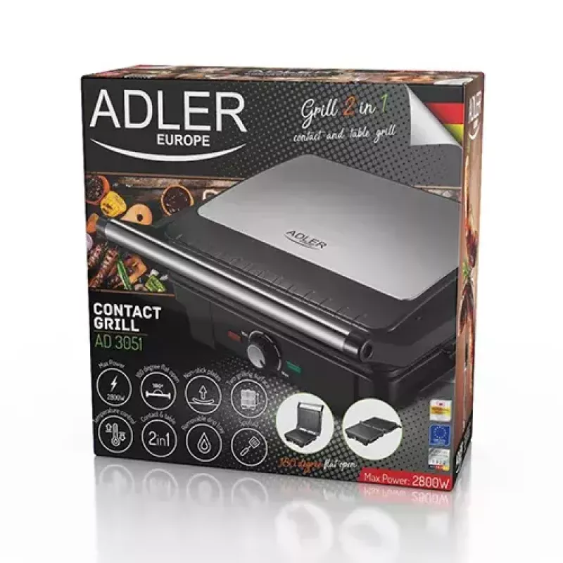 Parrilla de contacto Adler AD 3051 — acero inoxidable, 2200–2800 W, superficie de parrilla 1392 cm², temperatura ajustable, placas antiadherentes
