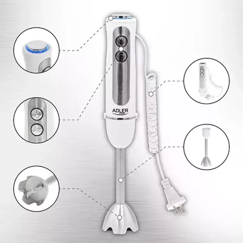 Batidora de brazo Adler AD 4625w — batidora de mano, 5 velocidades, turbo, 1500 W, cuchillas de acero inoxidable, plata/blanco