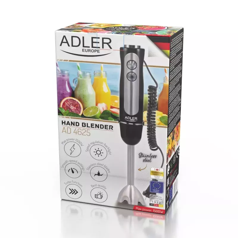 Batidora de brazo Adler AD 4625B — batidora de mano, 1500 W máx., 850 W potencia nominal, 5 velocidades, control mecánico, turbo, cuchilla de acero inoxidable, negro