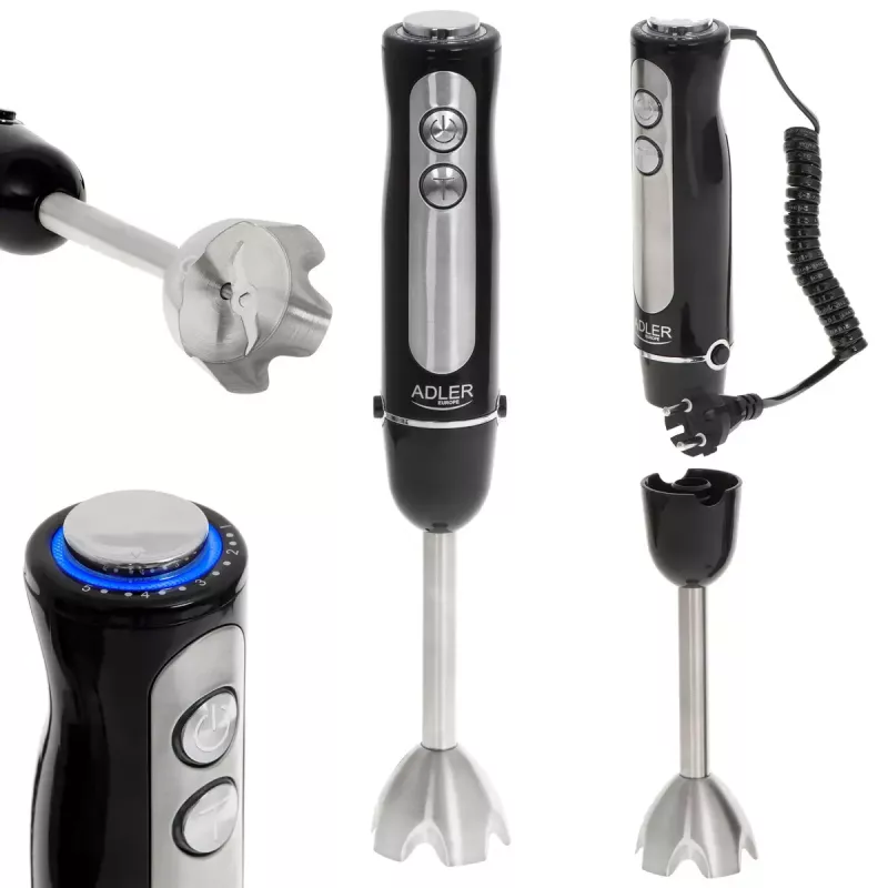 Batidora de brazo Adler AD 4625B — batidora de mano, 1500 W máx., 850 W potencia nominal, 5 velocidades, control mecánico, turbo, cuchilla de acero inoxidable, negro