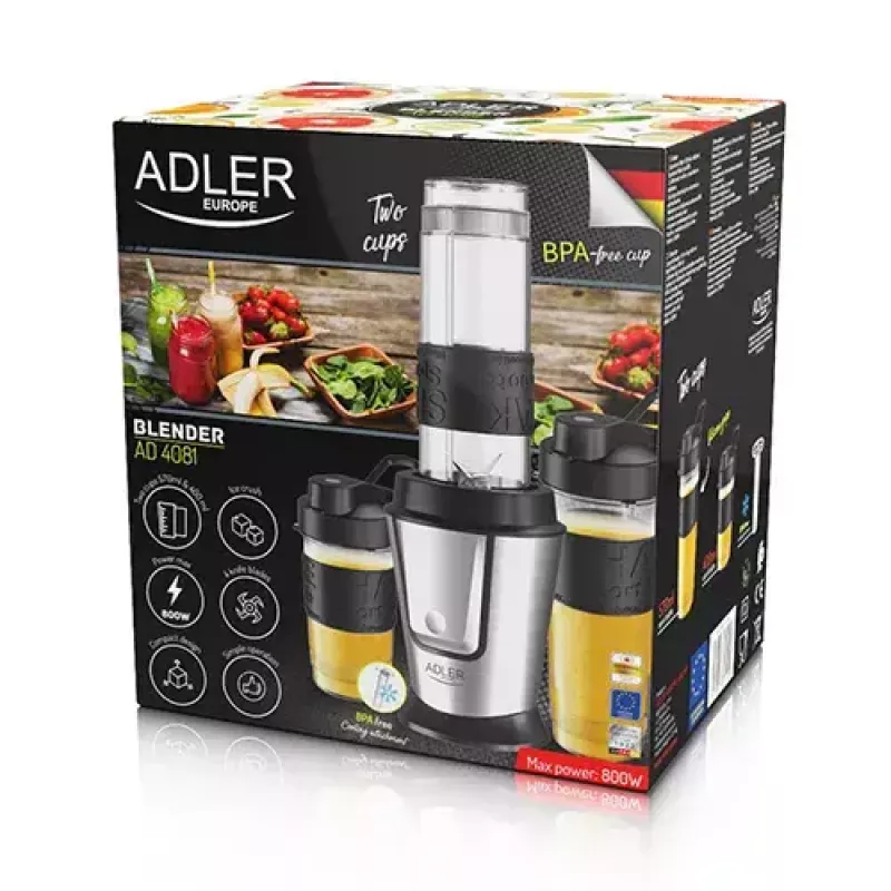 Batidora deportiva Adler AD 4081 — batidora personal portátil, 800 W pico, vaso de 0,57 l, cuchillas de acero inoxidable, 2 botellas