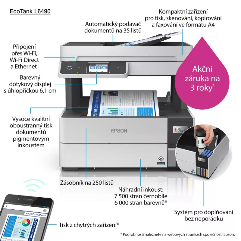 Impresora multifunción Epson EcoTank L6490 — inyección de tinta color, 4800x1200 dpi, 37 ppm, A4 dúplex, Wi‑Fi, Ethernet