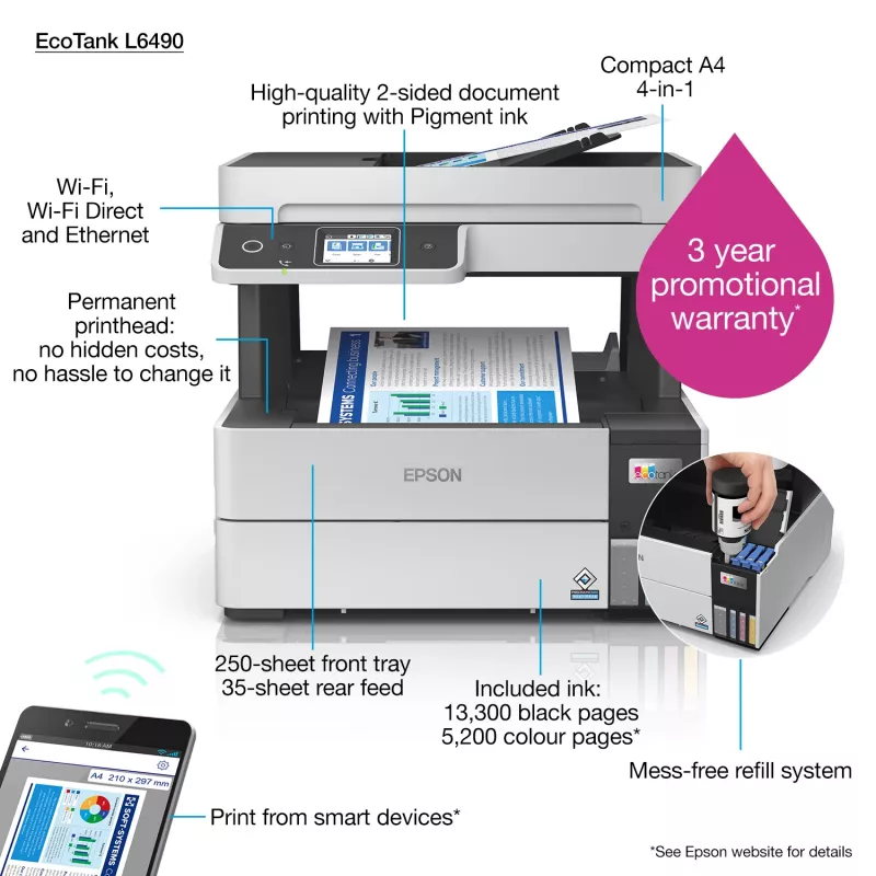 Impresora multifunción Epson EcoTank L6490 — inyección de tinta color, 4800x1200 dpi, 37 ppm, A4 dúplex, Wi‑Fi, Ethernet