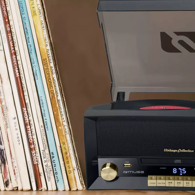 Muse MT-112 W tocadiscos microcadena con CD, USB, Bluetooth, radio FM, 33/45/78 rpm, marrón