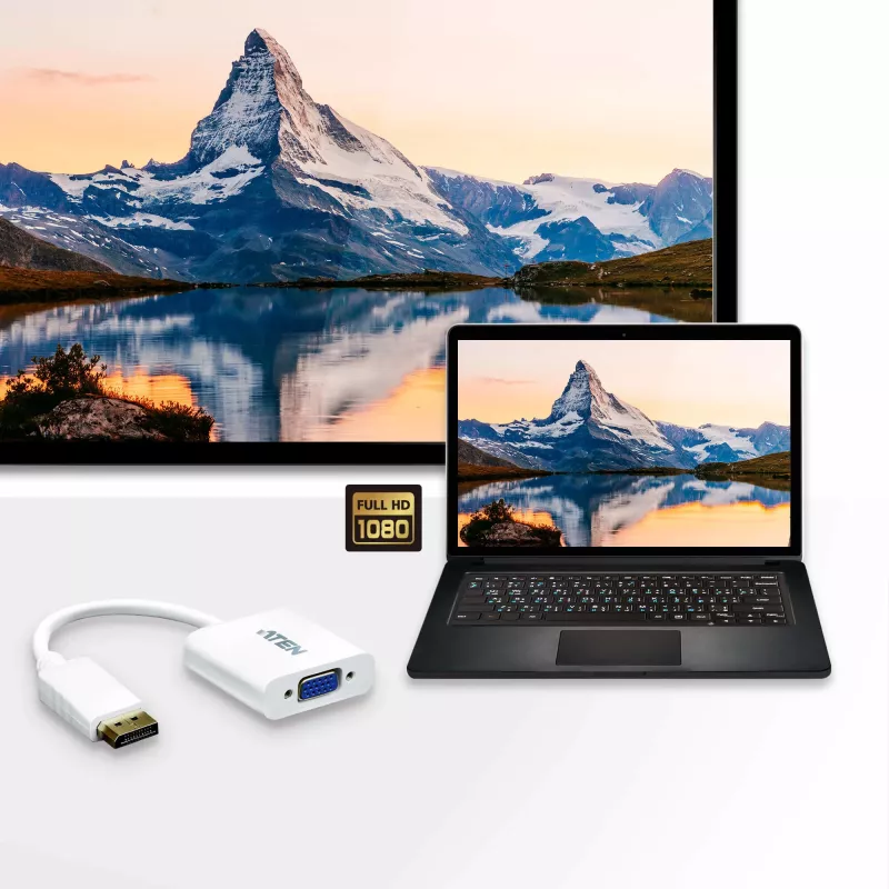 Convertidor DisplayPort a VGA ATEN, hasta 1920x1200 @60Hz, DisplayPort, VGA (D-Sub), conector macho, conector hembra, recto, recto