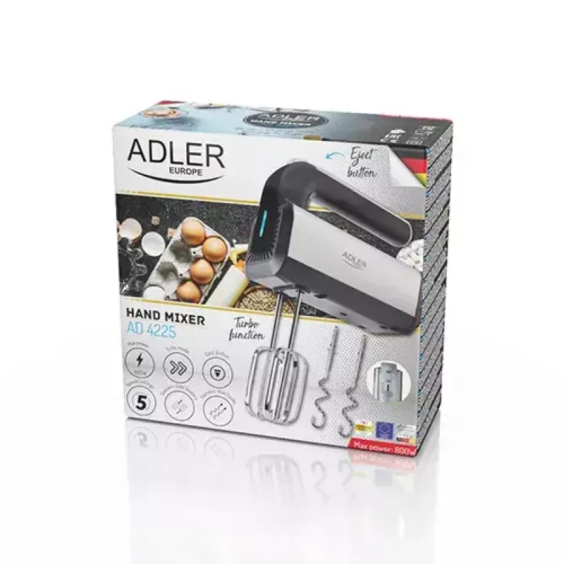 Batidora de mano Adler AD 4225 — 5 velocidades, turbo, 300 W, acero inoxidable/plata-negro, varillas y ganchos amasadores